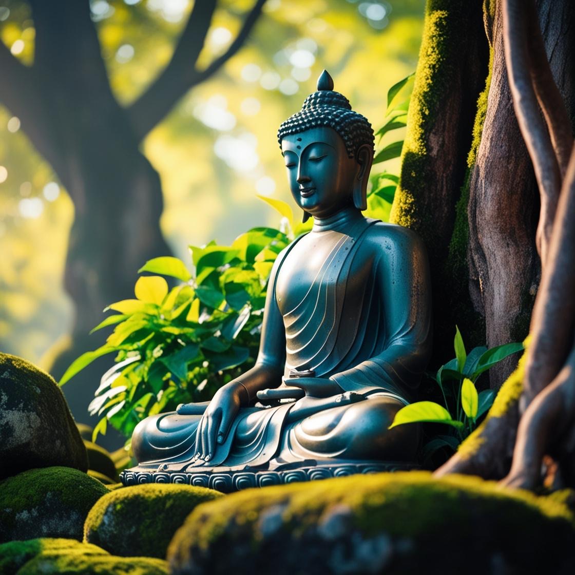 Una estatua de un Buddha en un bosque verde y frondoso 2